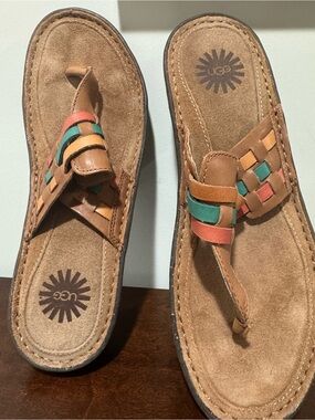 UGG Women's Tan Leather Woven Toe-Post Sandals with Green and Coral Accents